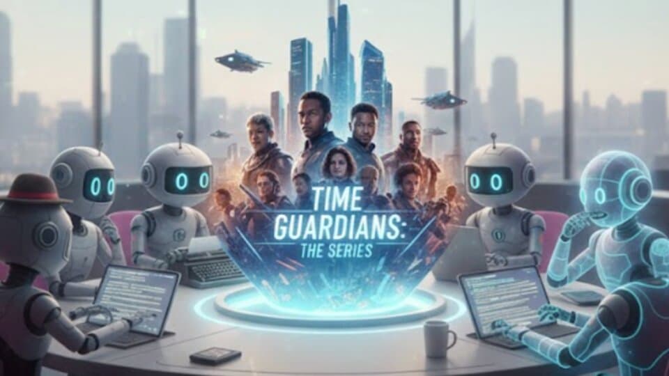 Cover art for "Time Guardians: The Series" showing a cast of characters flanked by robot writers at a conference table
